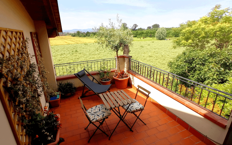 Terrazzo in cotto con sdraio, tavolino e ulivo in vaso, affacciato sui campi e sulle colline emiliane